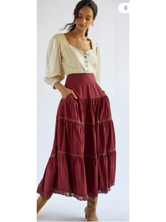 Anthropologie Dresses & Skirts - Anthropologie Tiered Prairie Skirt Burgundy Cotton Lace Cottagecore Boho Large